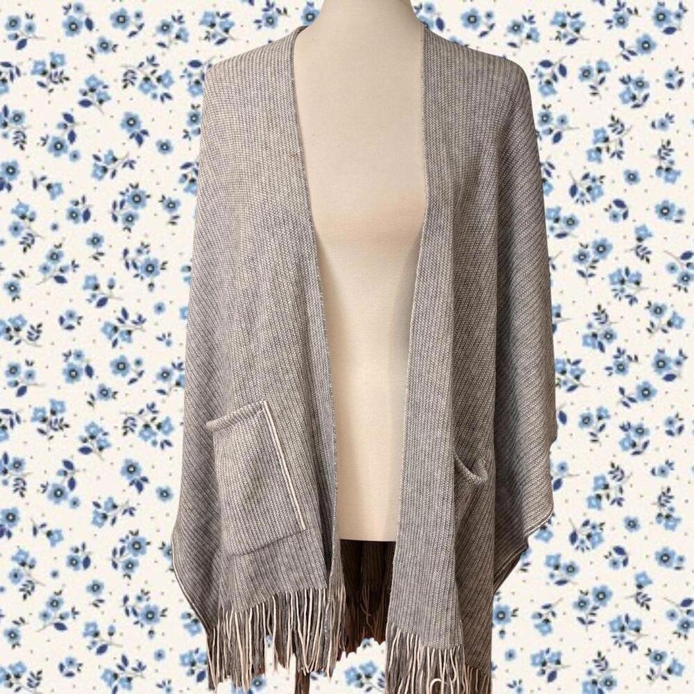 Soft grey fringe shawl cardigan with pockets one size